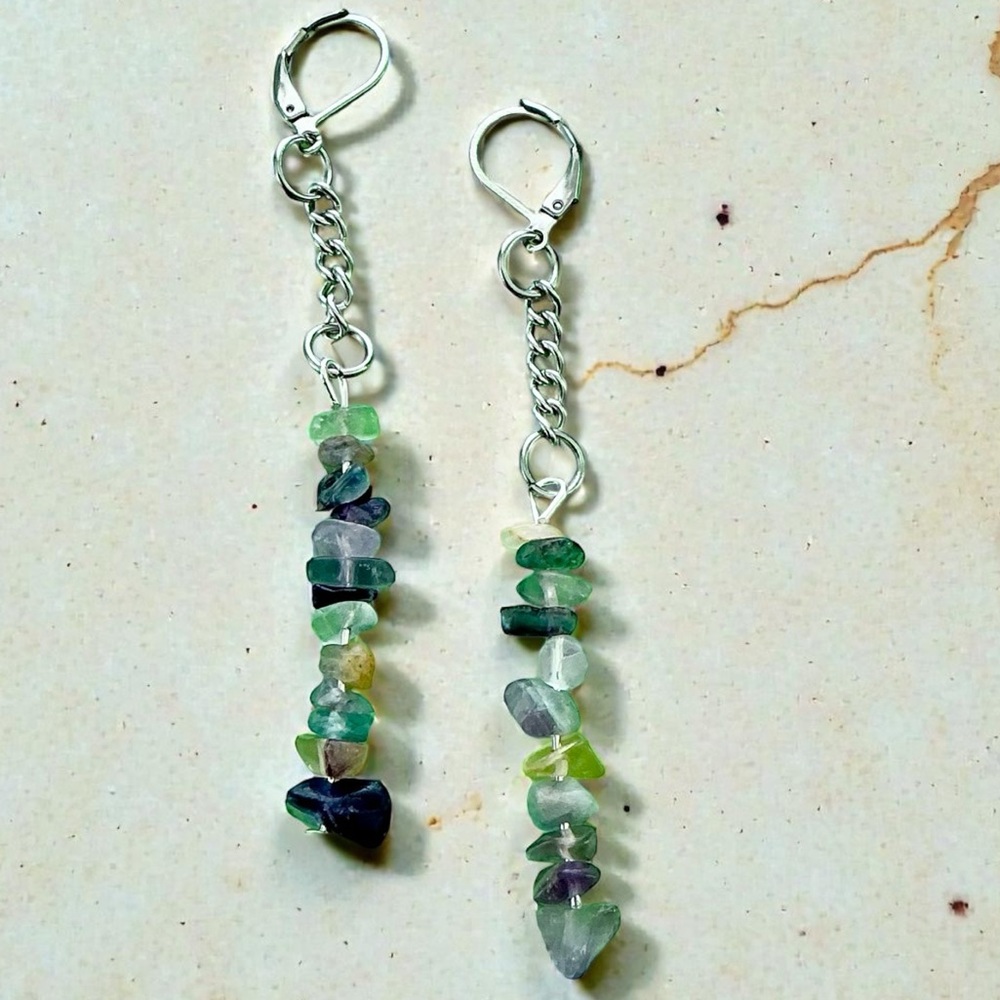 🆕 Colored Flourite Gemstone Dangle Earrings- Stainless Steel